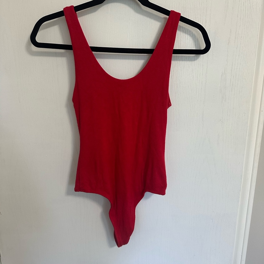 Babaton low back red ribbed thong bodysuit